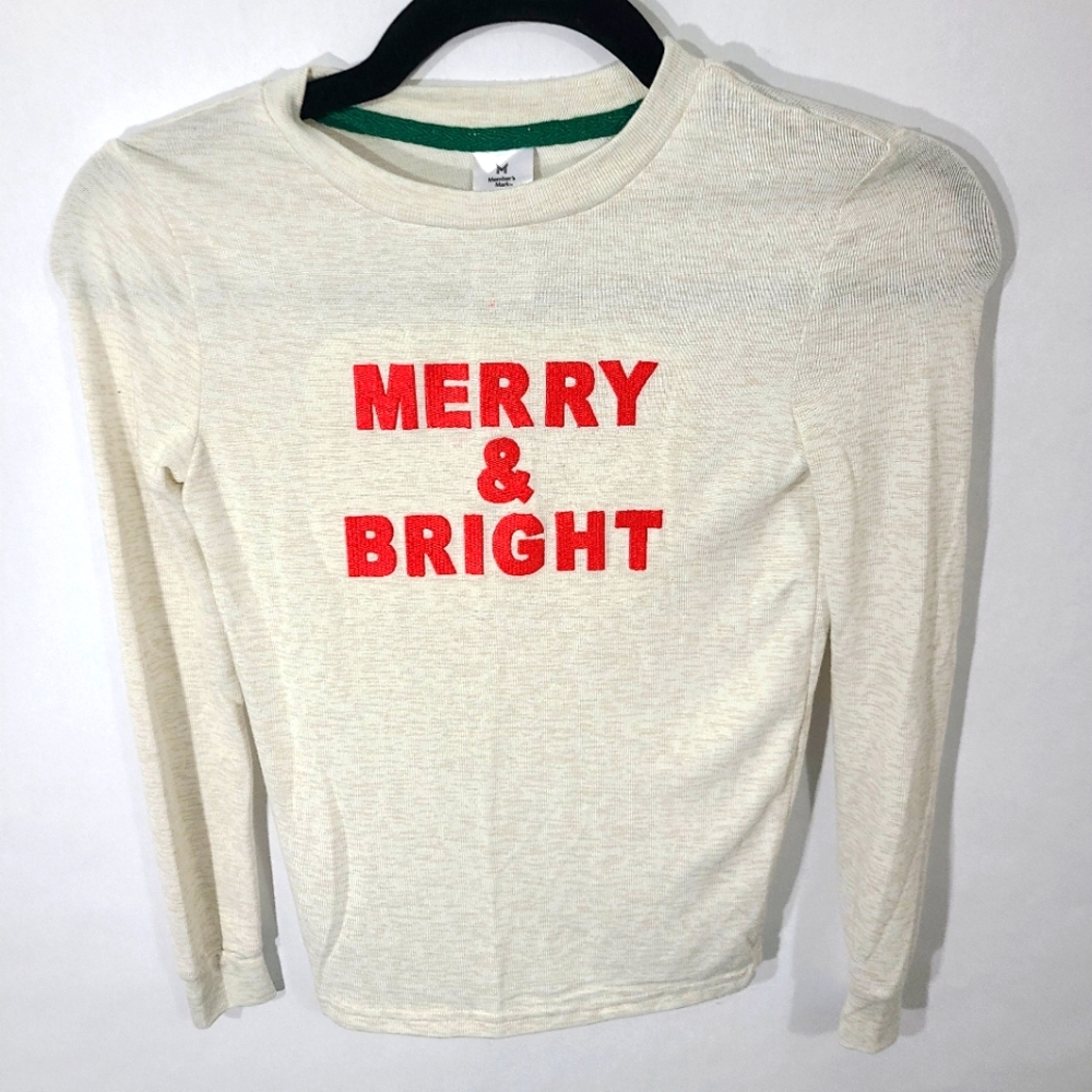 Member's Mark‎ Kid's PJ Pajama Top Size 10 White/Red Long Sleeve Holiday Shirt